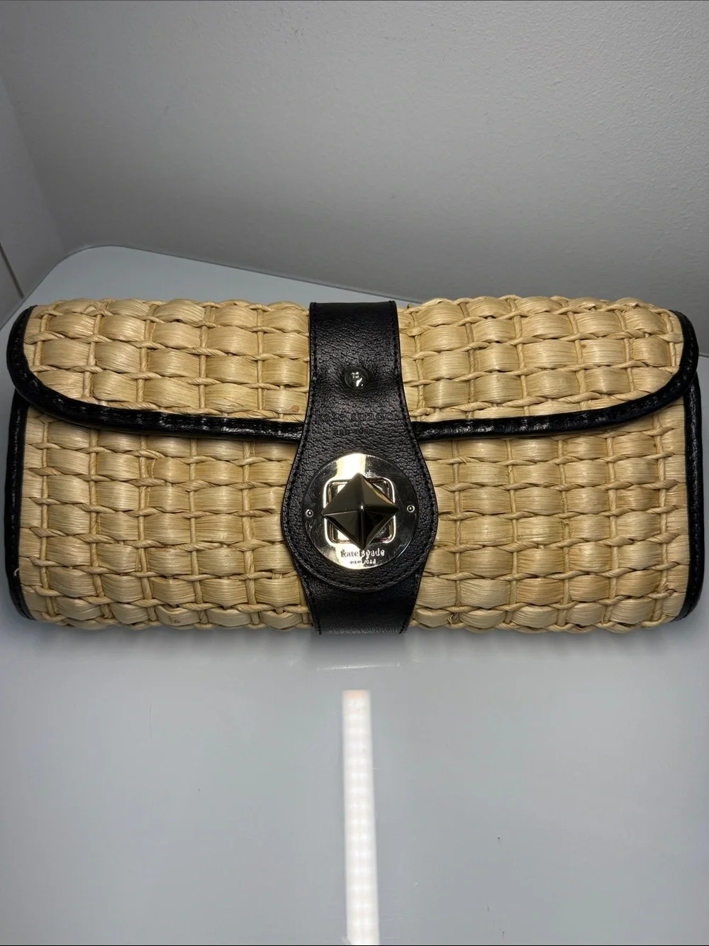 Kate Spade New York Straw & Leather Turn-Lock Clutch Bag VTG Y2K in EUC